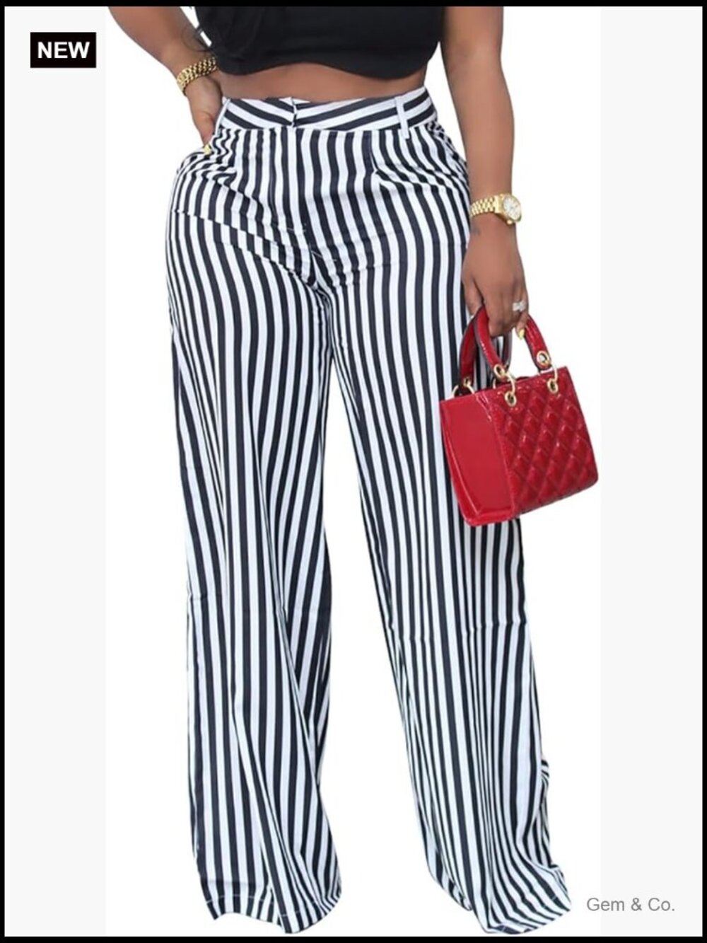 Casual High Waist Wide Leg Trousers with Pockets Striped Print - Picture 1 of 5